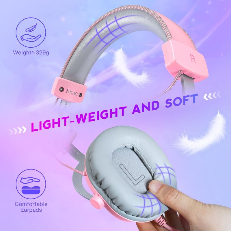 FIFINE USB Gaming Headset, PC Over-Ear Wired Streaming Headset with 3.5mm Jack, Detachable Microphone, 7.1 Surround Sound, Control Box, Passive Noise Cancellation, for PS5/Xbox/Switch-H9 Pink - Image 4